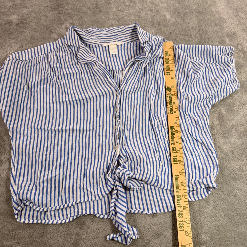 H&M Button Down Shirt Womens Small Blue White Striped Tie Front Short Sleeve - Picture 2 of 8